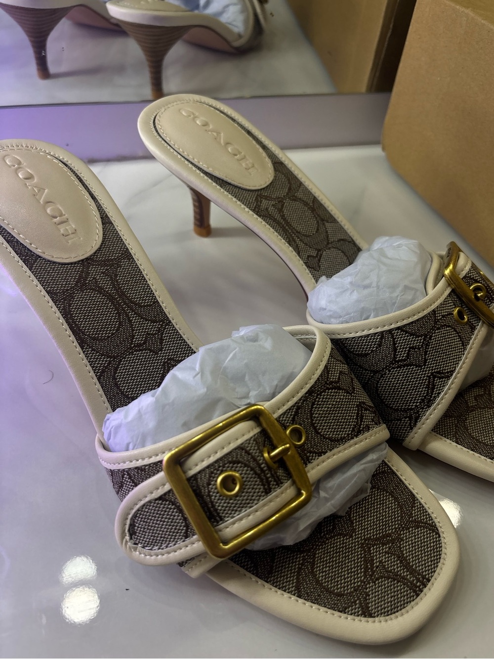 COACH Brown Signature Slide Mules with Gold Buckle and Cream Trim Size 40 Kitten